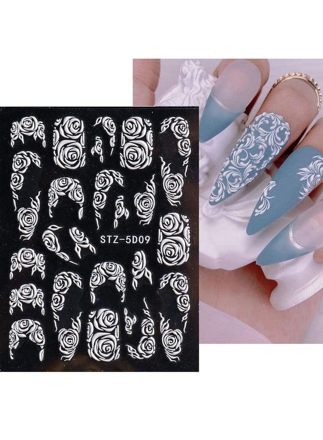 Charmark French Nail Art Sticker Decals 5D Embossed French Pattern Roses White Nail Art Accessories Selfadhesive Nail Art Supplies Decoration Retro Classic Acrylic Nails Design 8 Sheets - Image 4