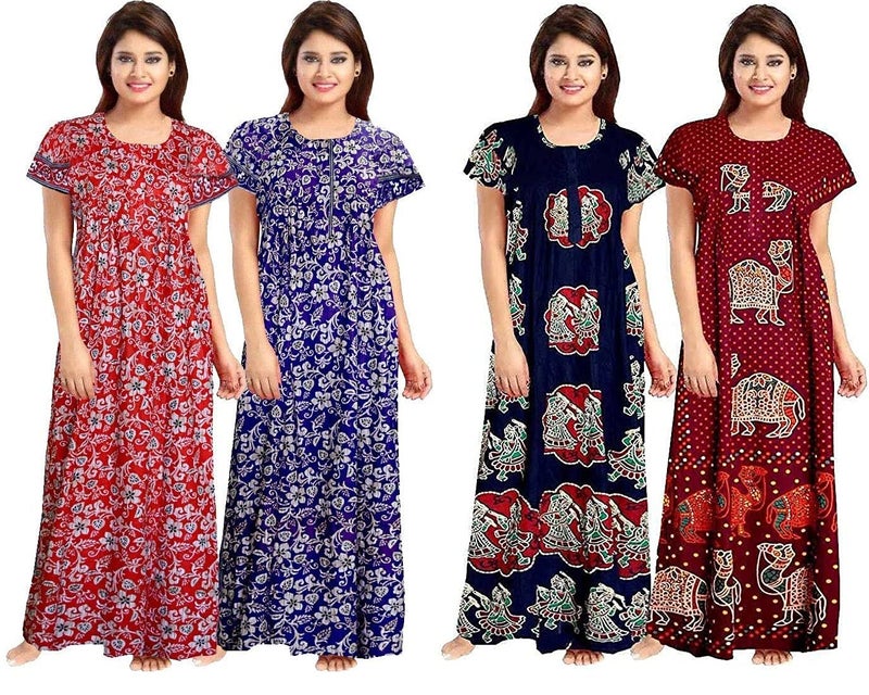 NEGLIGEE Women's Cotton Printed Maxi Nightgown Nighty for Women Ankle Length Night Dress - Pack of 4 (Free Size, Multicolor, Option 09) - Image 1