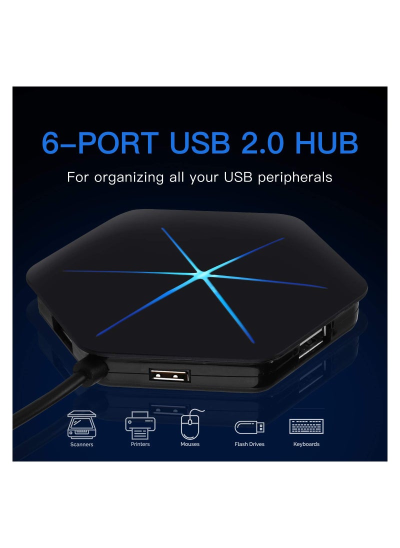 SYOSI - USB Hub, 6-Port USB 2.0 Hub USB Extension Cable Blue LEDs Extra USB Ports, Safety Circuit Fit for Laptop Computer Desktop, PC, PS4, DELL, HP, Mac, Lenovo, Supports Various Different Interfaces - Image 1