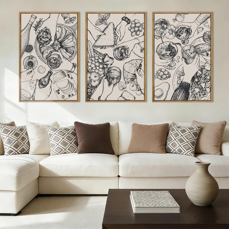 BINCUE Framed Food Wood Wall Art Set of Three Modern Cheers Kitchen Wall Decor Abstract Friends Party Art Print for Kitchen Dining Room Living Room 16x24 Inch - Image 1