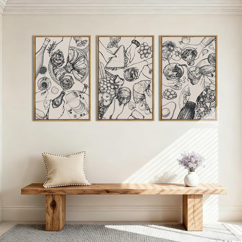 BINCUE Framed Food Wood Wall Art Set of Three Modern Cheers Kitchen Wall Decor Abstract Friends Party Art Print for Kitchen Dining Room Living Room 16x24 Inch - Image 3