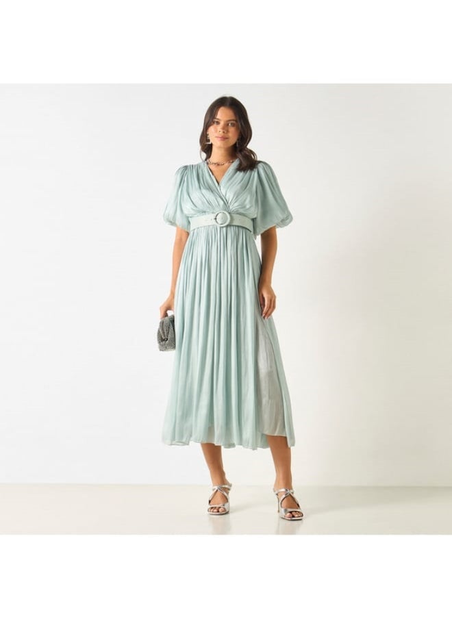 2Xtremz - 2Xtremz Textured V-Neck Midi Dress with Puff Sleeves - Image 1