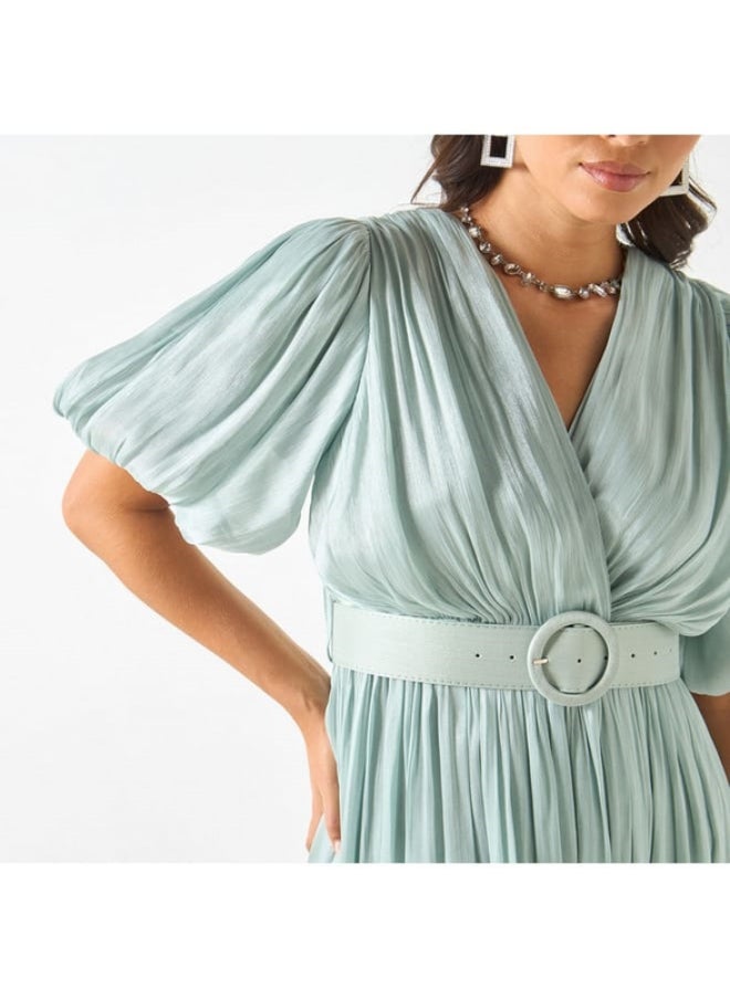 2Xtremz - 2Xtremz Textured V-Neck Midi Dress with Puff Sleeves - Image 1
