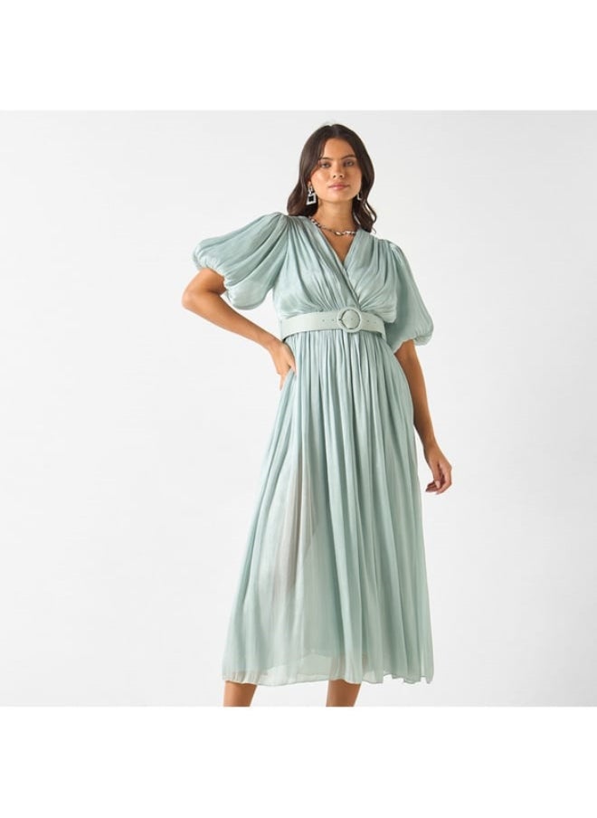 2Xtremz - 2Xtremz Textured V-Neck Midi Dress with Puff Sleeves - Image 1