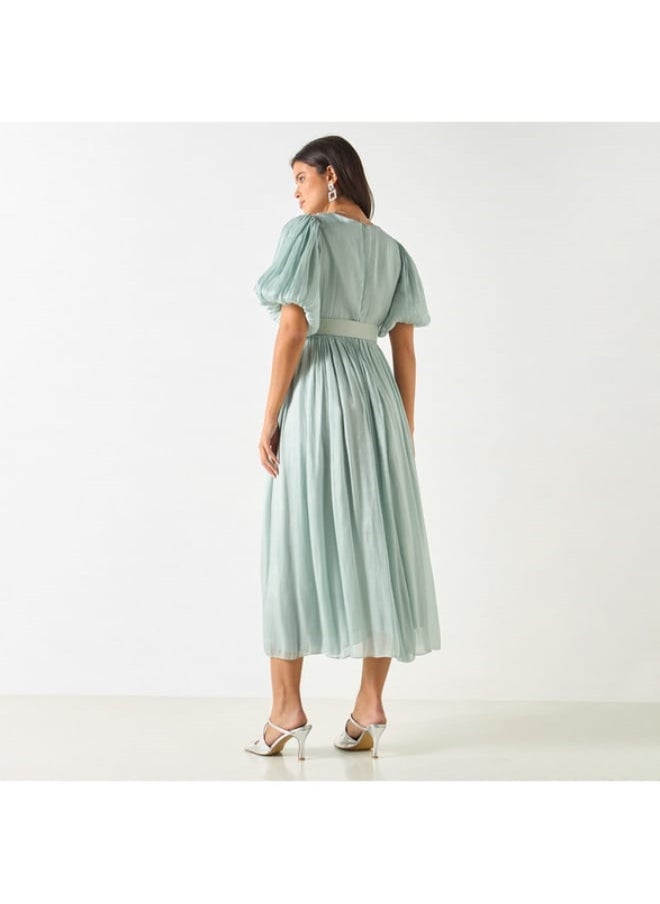 2Xtremz - 2Xtremz Textured V-Neck Midi Dress with Puff Sleeves - Image 1