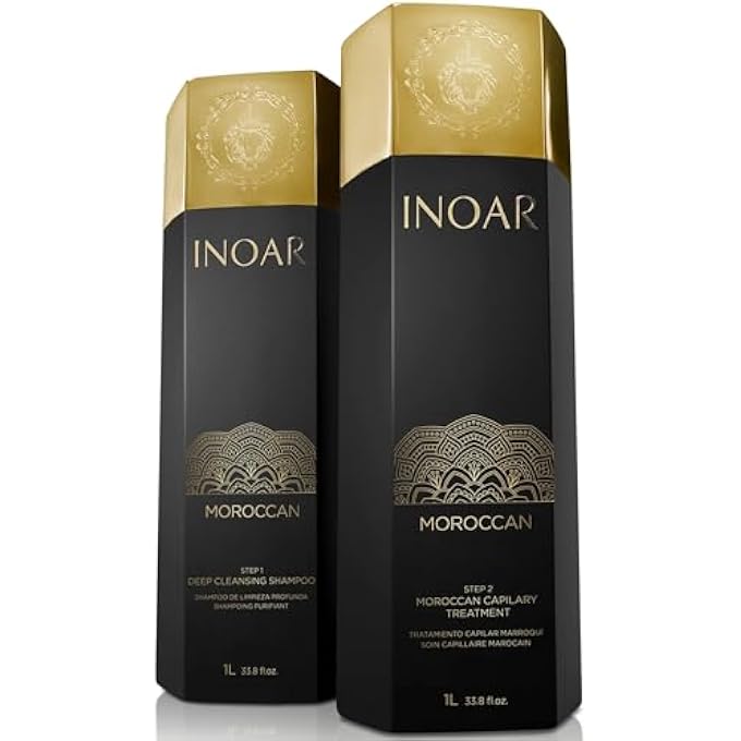 Inoar Moroccan Keratin Smoothing Treatment Set, Deep Cleansing Shampoo & Smoothing Treatment with White Clay & Cocoa Oil, 33.8 fl oz Each