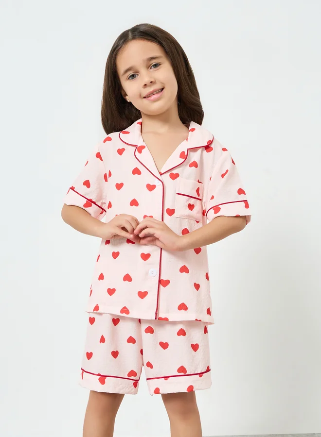 Take Two Girls Heart Piping Shirt and Shorts Set