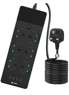 Excefore Extension Lead 2M/6.5FT, with 4 (2.1A) USB Slots, 6 Gang Electrical Sockets & Built-in Fuse, Surge & Shutter Protected Wall Mount Extension Cable, Black  - Image 1