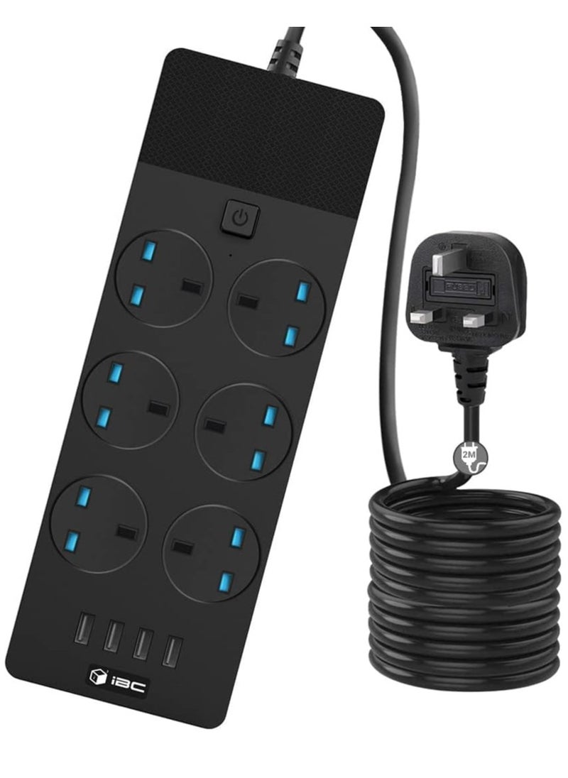 Excefore Extension Lead 2M/6.5FT, with 4 (2.1A) USB Slots, 6 Gang Electrical Sockets & Built-in Fuse, Surge & Shutter Protected Wall Mount Extension Cable, Black  - Image 1