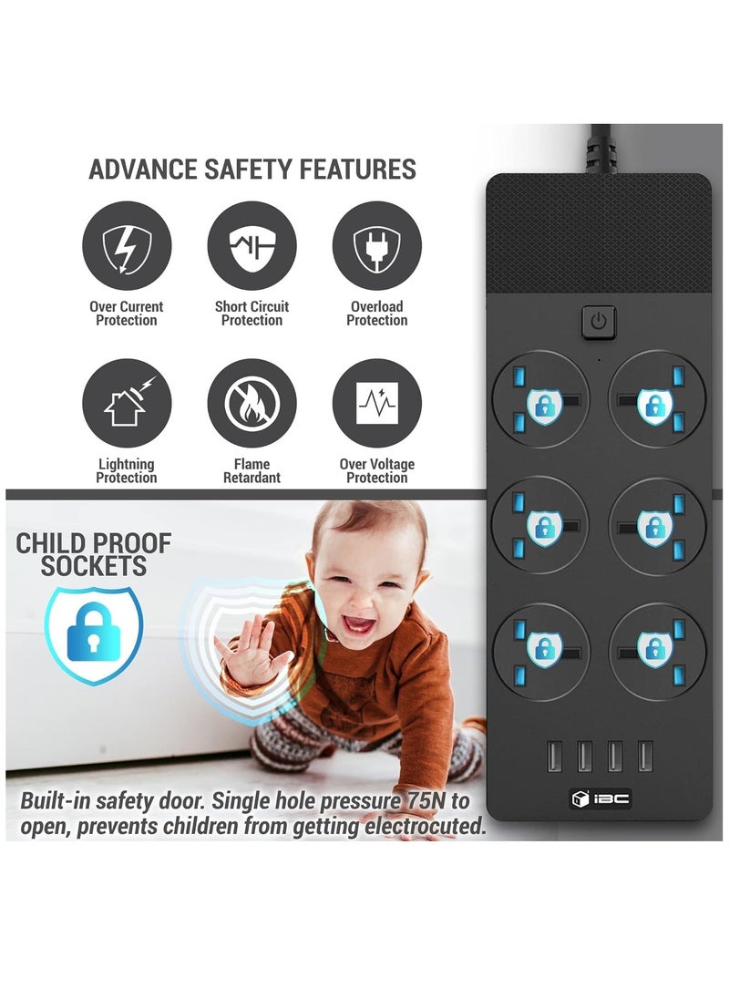 Excefore Extension Lead 2M/6.5FT, with 4 (2.1A) USB Slots, 6 Gang Electrical Sockets & Built-in Fuse, Surge & Shutter Protected Wall Mount Extension Cable, Black  - Image 4