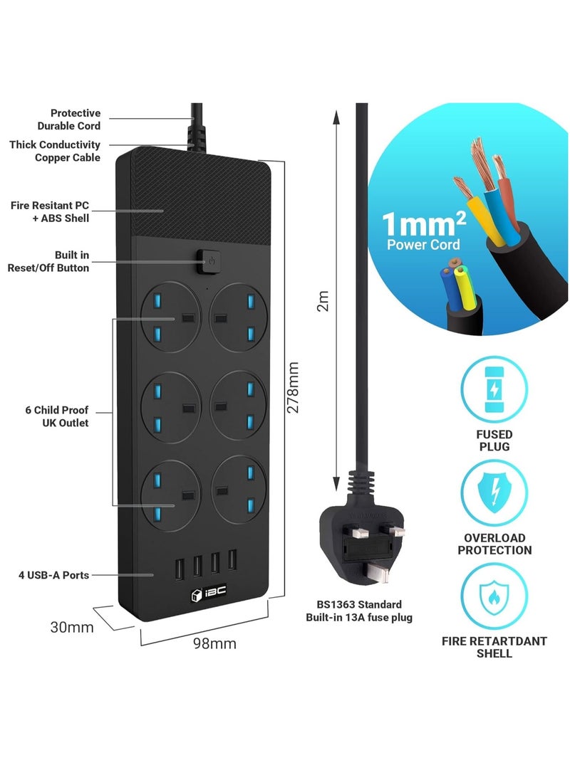 Excefore Extension Lead 2M/6.5FT, with 4 (2.1A) USB Slots, 6 Gang Electrical Sockets & Built-in Fuse, Surge & Shutter Protected Wall Mount Extension Cable, Black  - Image 2
