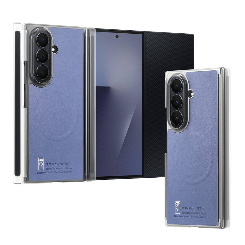 Drop Protection Leather Magnetic Texture Phone Case for Samsung Galaxy Z Fold 7 and Anti Slip Grip in Blue Colour - Image 1