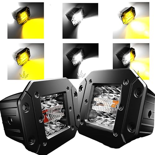 ASLONG 2PCS 5Inch LED Flush Mount Pods 6 Modes Amber/White Flasing Strobe Fog Lights Offroad Backup Light Reverse Light Grill Mount Light with Switch Wiring Harness for Trucks Polaris Boats Pickup ATV - Image 1