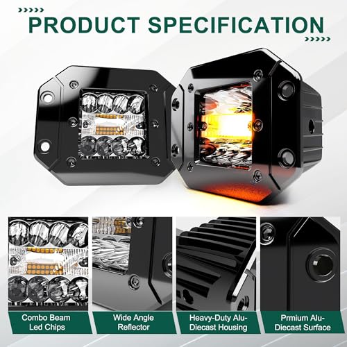 ASLONG 2PCS 5Inch LED Flush Mount Pods 6 Modes Amber/White Flasing Strobe Fog Lights Offroad Backup Light Reverse Light Grill Mount Light with Switch Wiring Harness for Trucks Polaris Boats Pickup ATV - Image 4