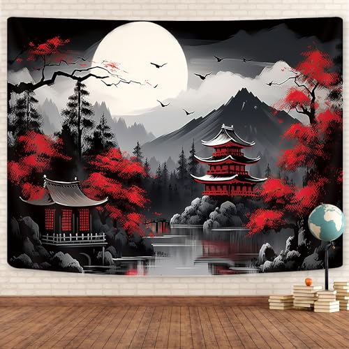 GOAOK Japanese Red and Black Forest Tapestry, Anime Mountain Tree Sun Aesthetic Tapestry Wall Hanging for Men, Cool Asian Dark Nature Landscape Tapestries Ink Art Decor for Living Room College Dorm, 60X40IN - Image 1