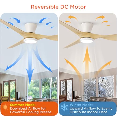 TALOYA 52 inch Ceiling Fans with Lights and Remote, Flush Mount Low Profile Ceiling Fan with Reversible DC Motor ABS Blades for Bedroom Living Room Kitchen Light Oak Finish - Image 3