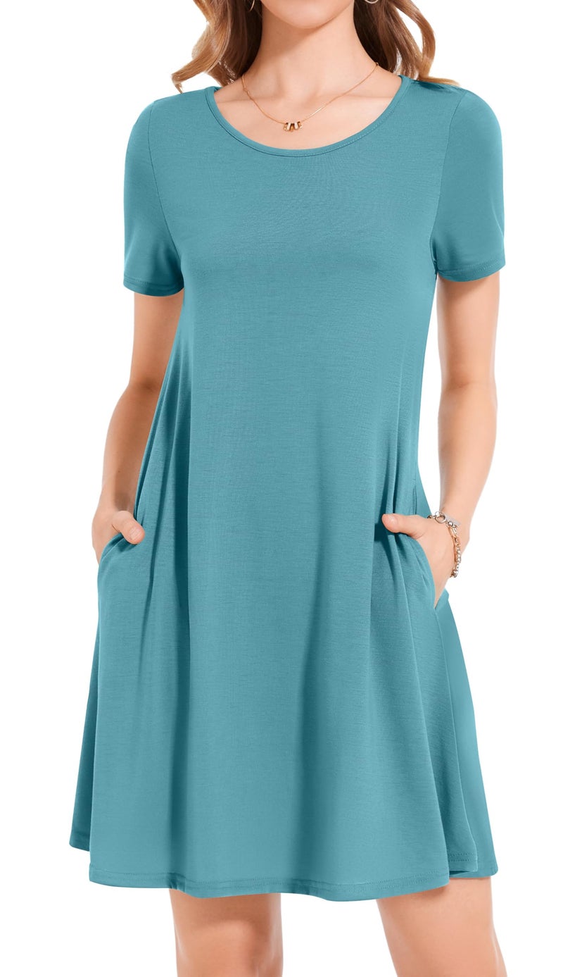 elescat Tshirt Dress for Women Summer Casual Beach Swing Loose Sundress with Pockets(Light Blue,L) - Image 2