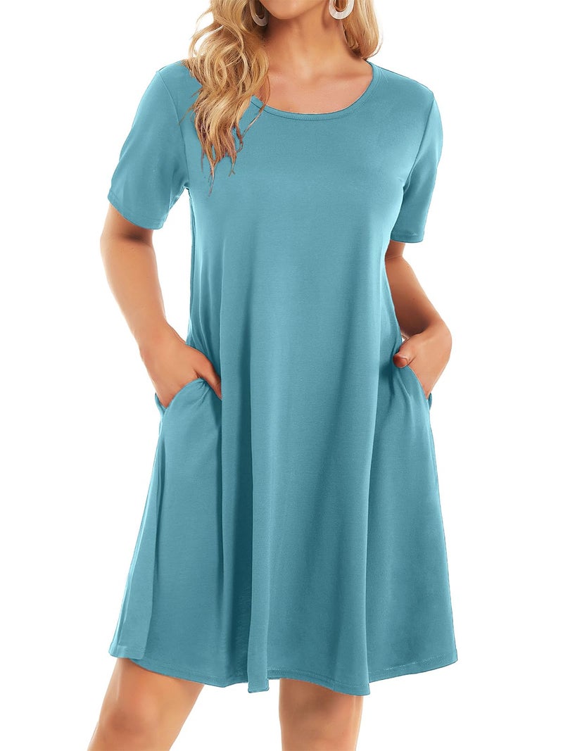 elescat Tshirt Dress for Women Summer Casual Beach Swing Loose Sundress with Pockets(Light Blue,L) - Image 1