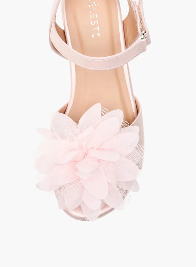 Celeste Girls Floral Applique Block Heel Sandals With Hook And Loop Closure