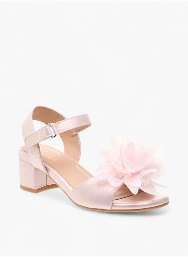 Celeste Girls Floral Applique Block Heel Sandals With Hook And Loop Closure