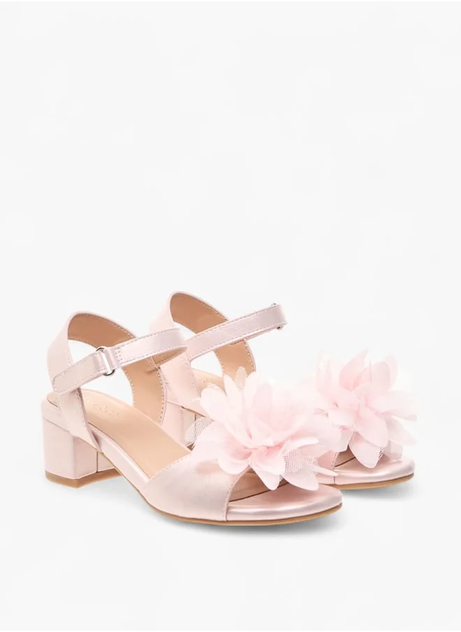 Celeste Girls Floral Applique Block Heel Sandals With Hook And Loop Closure