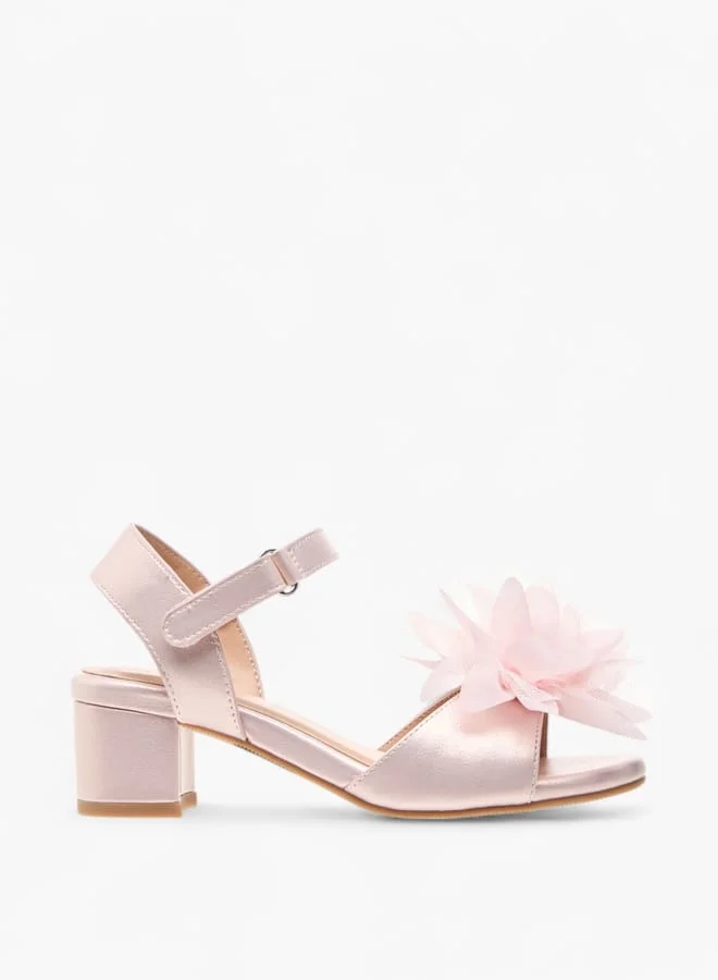 Celeste Girls Floral Applique Block Heel Sandals With Hook And Loop Closure