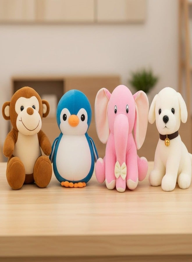 Future Shop Pack of 4 Elegant Soft Toys Combo Plush Stuffed Animals (Monkey, Penguin, Elephant, White Dog)