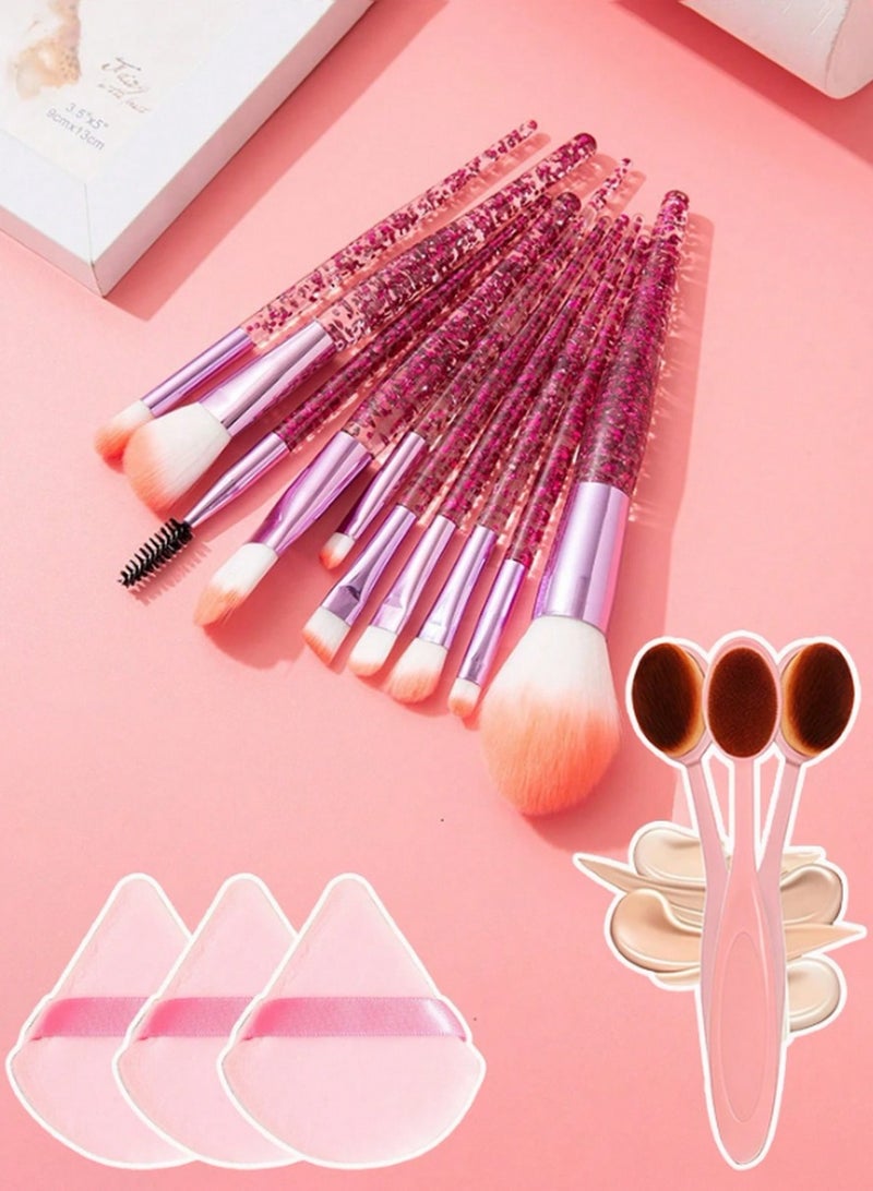 14-Piece Pink Glitter Makeup Brush & Sponge Kit – Includes 1 Oval Brush + 3 Ribbon Grip Blending Sponges - Image 1