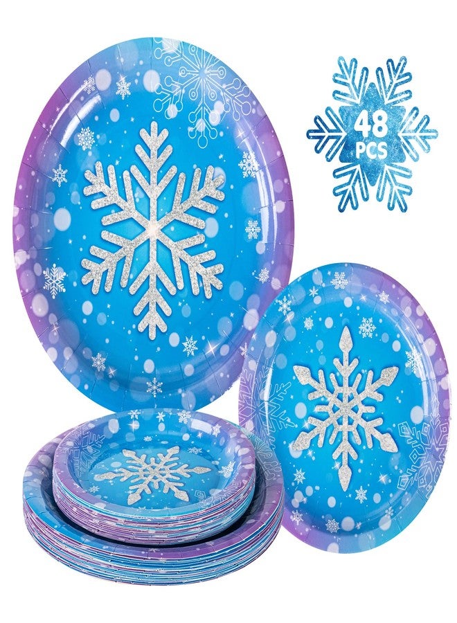 PERFQU 48 Pack Winter Snowflake Plates, Frozen Themed Round Paper Plates Serve 24 Guests, Wonderland Snowflakes Heavy Duty Plate for Winter Christmas Party Decorations and Frozen Birthday Party Supplies - Image 1