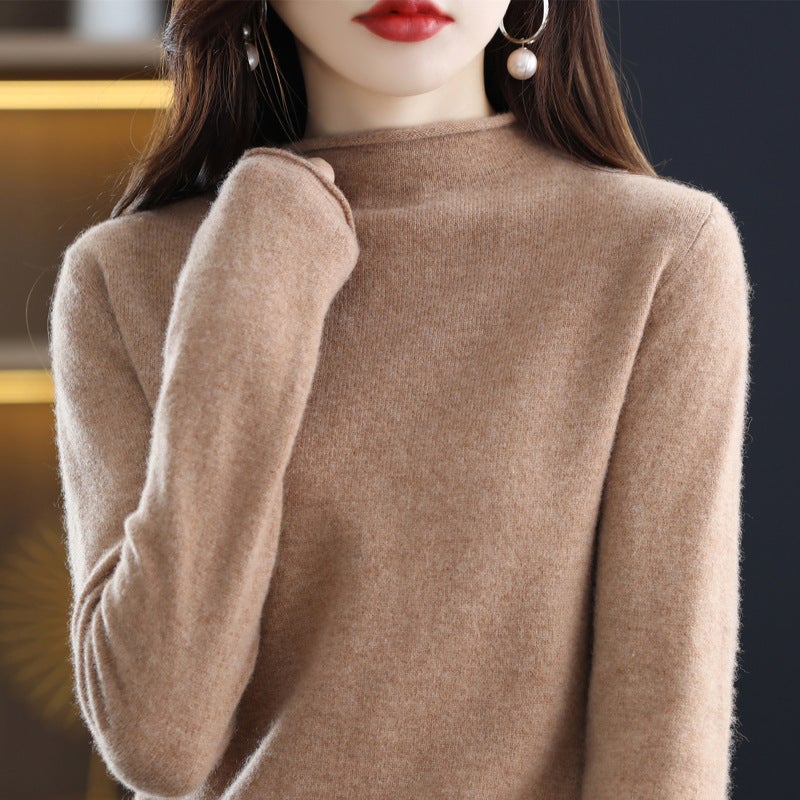100% Pure Wool Sweater Womens Pile Collar Autumn and Winter Inner Wool Cashmere Sweater Stylish High Collar Top Knitted Base Shirt Curled half-height Golden camel 