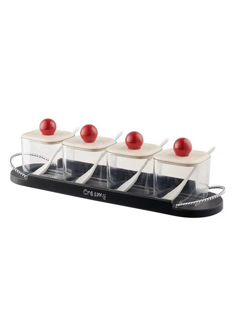 NEMINATH MART Transparent Spice Organizer Set with Lid and Spoons Set of 4 Pickle Orgnaiser with Tray Condiment Storage Containers for Kitchen Modern DesignEasy to CleanSpaceSaving Set of 4