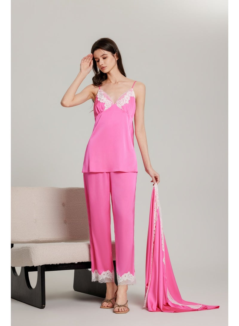 MASHUCK Luxury 3-Piece Silk-Feel Pajama Set - Robe, Cami Top & Pants with Lace Trim - Premium Wide Sleeve Loungewear - Image 4