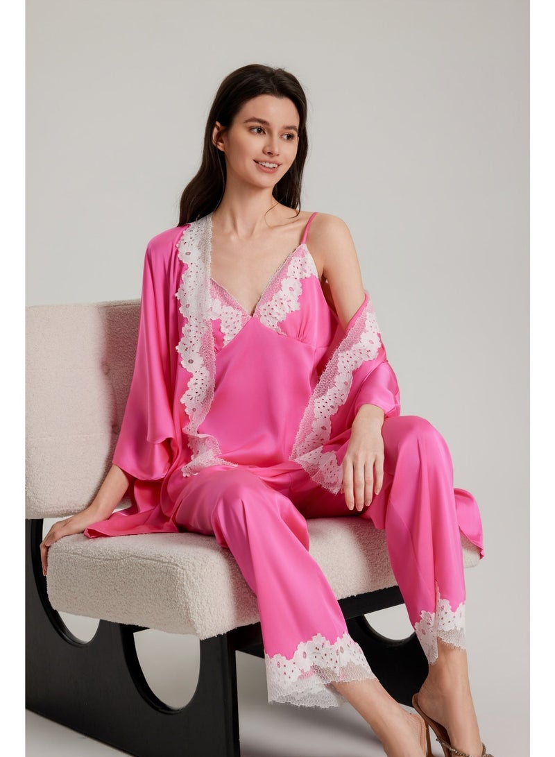 MASHUCK Luxury 3-Piece Silk-Feel Pajama Set - Robe, Cami Top & Pants with Lace Trim - Premium Wide Sleeve Loungewear - Image 2