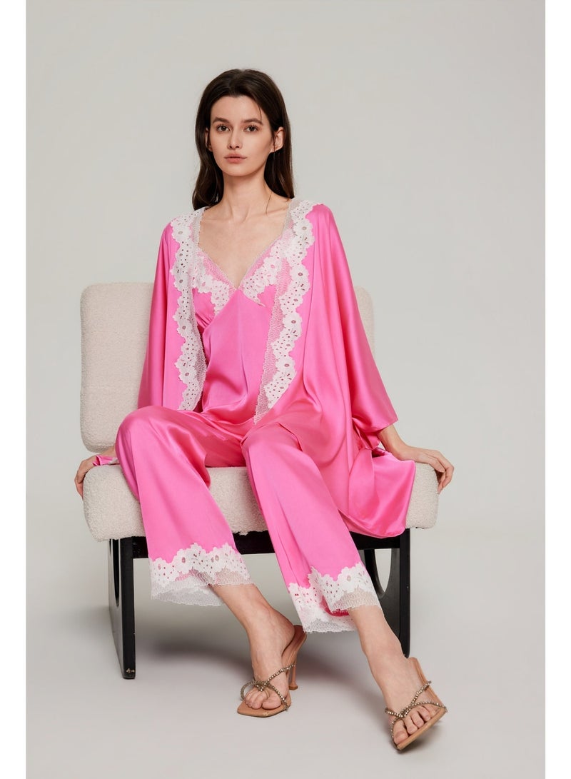 MASHUCK Luxury 3-Piece Silk-Feel Pajama Set - Robe, Cami Top & Pants with Lace Trim - Premium Wide Sleeve Loungewear - Image 3
