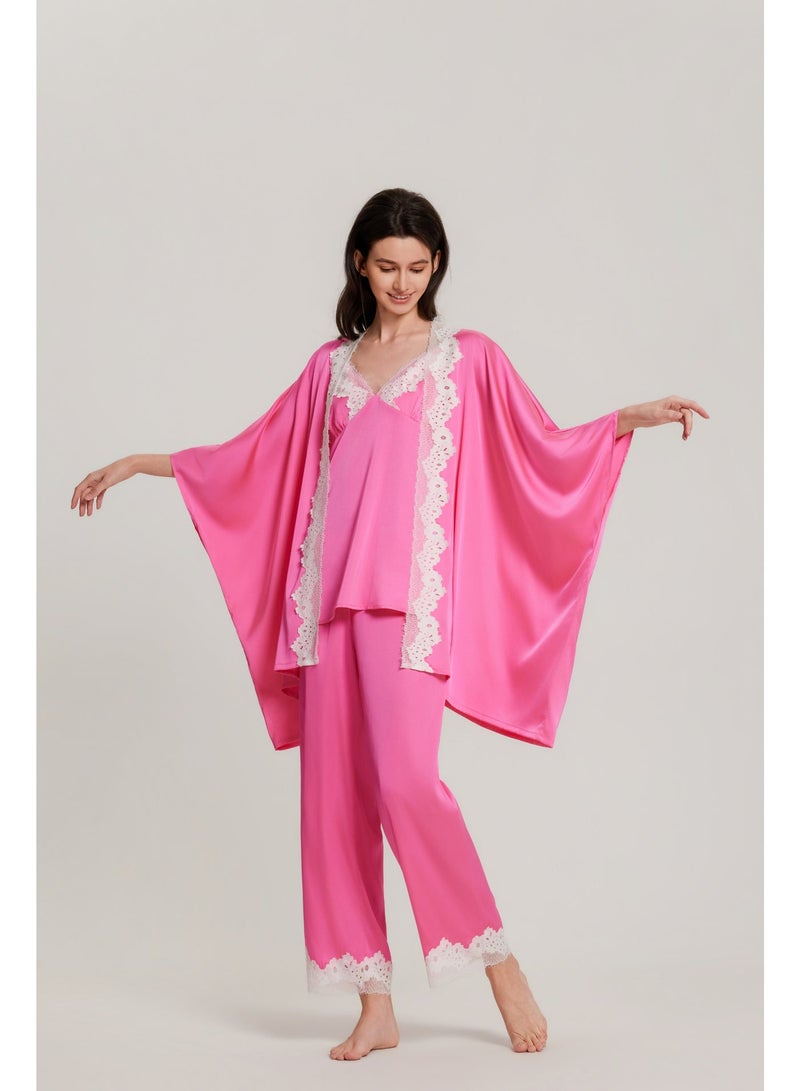 MASHUCK Luxury 3-Piece Silk-Feel Pajama Set - Robe, Cami Top & Pants with Lace Trim - Premium Wide Sleeve Loungewear - Image 1