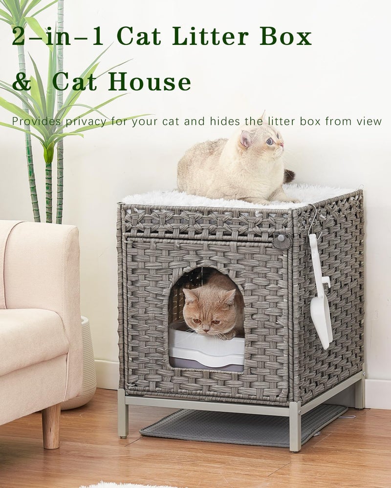 SETVSON Cat Litter Box Enclosure Hidden Litter Box Furniture with Metal Heightened Feet, Rattan Handwoven Cat House with Litter Mat, Hidden Litter Box Furniture for Bedroom Living Room Gray - Image 2