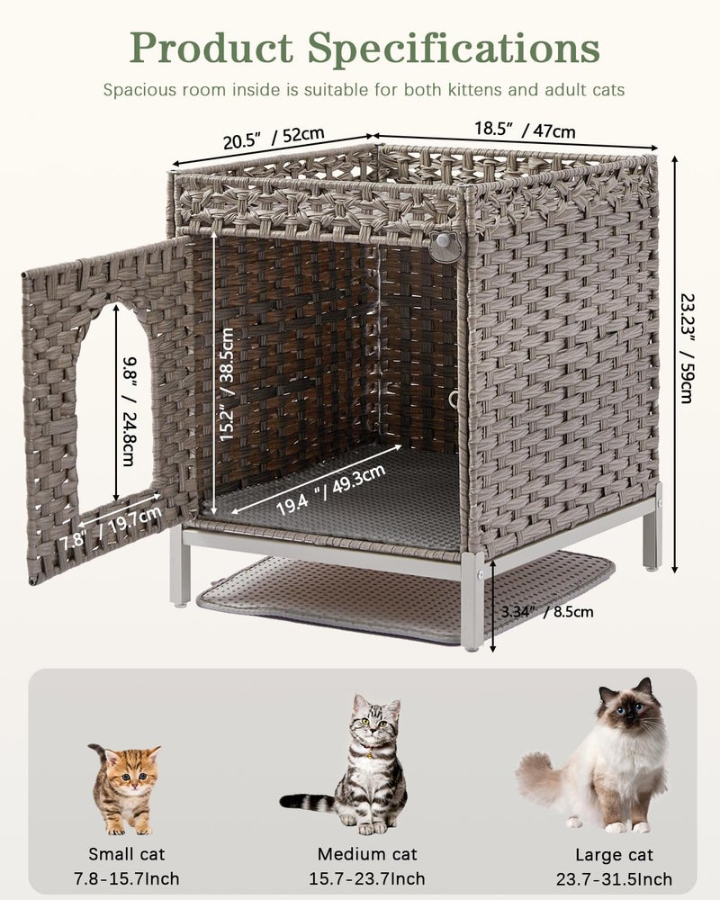 SETVSON Cat Litter Box Enclosure Hidden Litter Box Furniture with Metal Heightened Feet, Rattan Handwoven Cat House with Litter Mat, Hidden Litter Box Furniture for Bedroom Living Room Gray - Image 5
