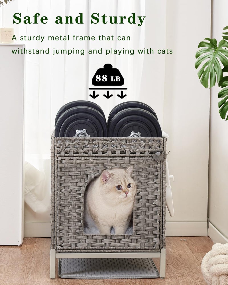 SETVSON Cat Litter Box Enclosure Hidden Litter Box Furniture with Metal Heightened Feet, Rattan Handwoven Cat House with Litter Mat, Hidden Litter Box Furniture for Bedroom Living Room Gray - Image 3