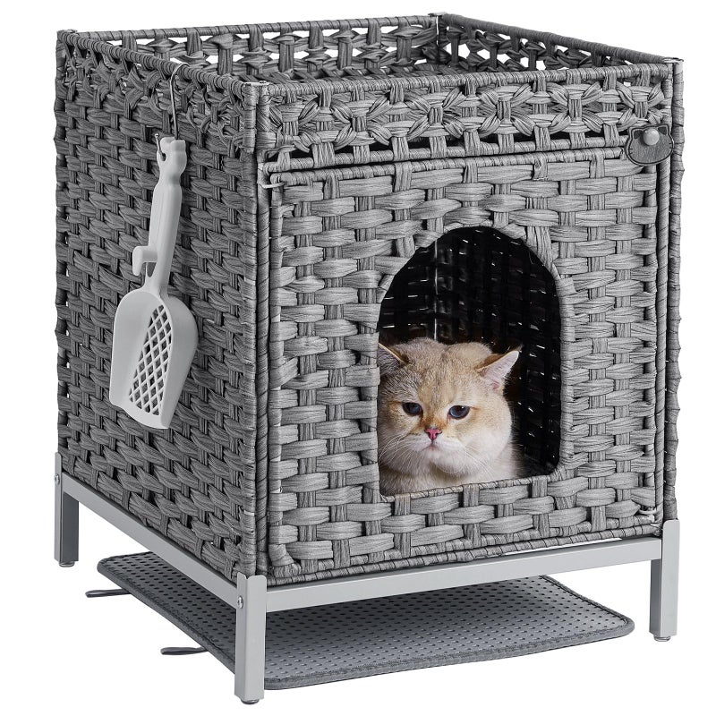 SETVSON Cat Litter Box Enclosure Hidden Litter Box Furniture with Metal Heightened Feet, Rattan Handwoven Cat House with Litter Mat, Hidden Litter Box Furniture for Bedroom Living Room Gray - Image 1