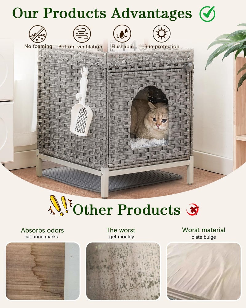 SETVSON Cat Litter Box Enclosure Hidden Litter Box Furniture with Metal Heightened Feet, Rattan Handwoven Cat House with Litter Mat, Hidden Litter Box Furniture for Bedroom Living Room Gray - Image 4