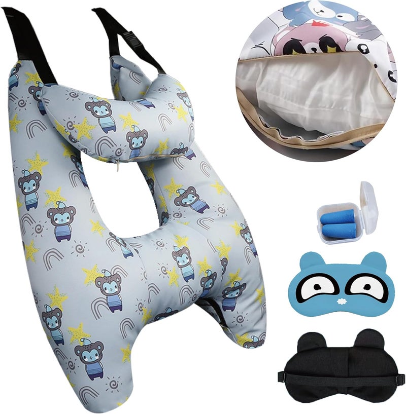 Tumahe Cute Cartoon Travel Pillow Suit, Kids & Adults Car Neck Head Support Cushion set,Travel car seat safety pillow,h shape car sleeping pillow kids,Pillow case can be disassembled and washed (C) - Image 1
