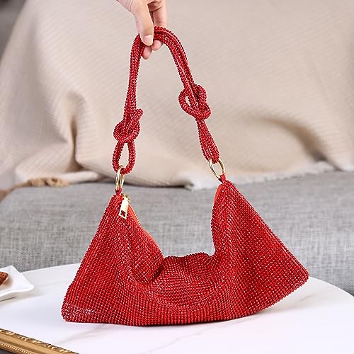 Covelin Womens Fashion Shiny Diamond Handbag Tote Shoulder Evening Bag Red - Image 4