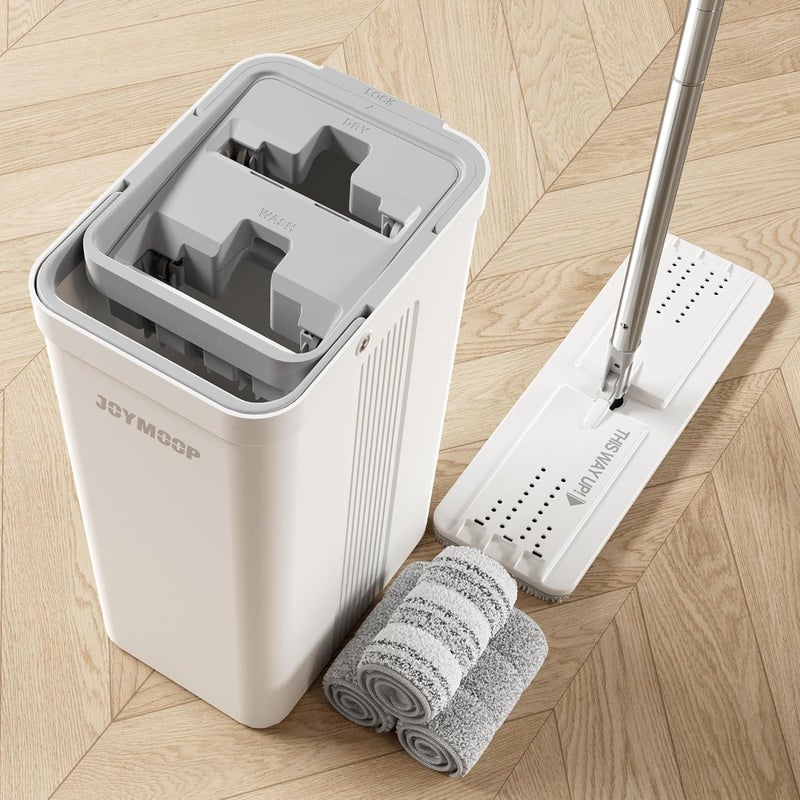 JOYMOOP Mop and Bucket with Wringer Set for Home, Flat Mop and Bucket System, Mops for Floor Cleaning and Wall Cleaner, with 3 Reusable Microfiber Mop Pads - Image 1