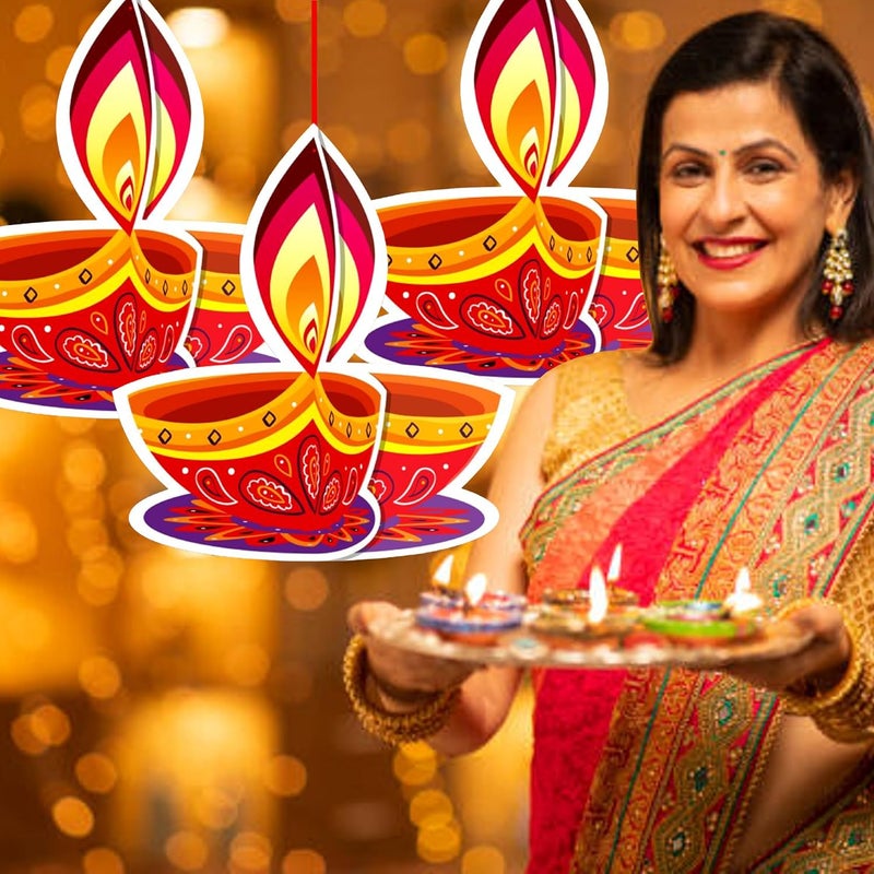 TOYXE Ceiling Hanging 3D Deepak Dual Sided Printed for Diwali Decoration Set of 5 Pcs - Image 2