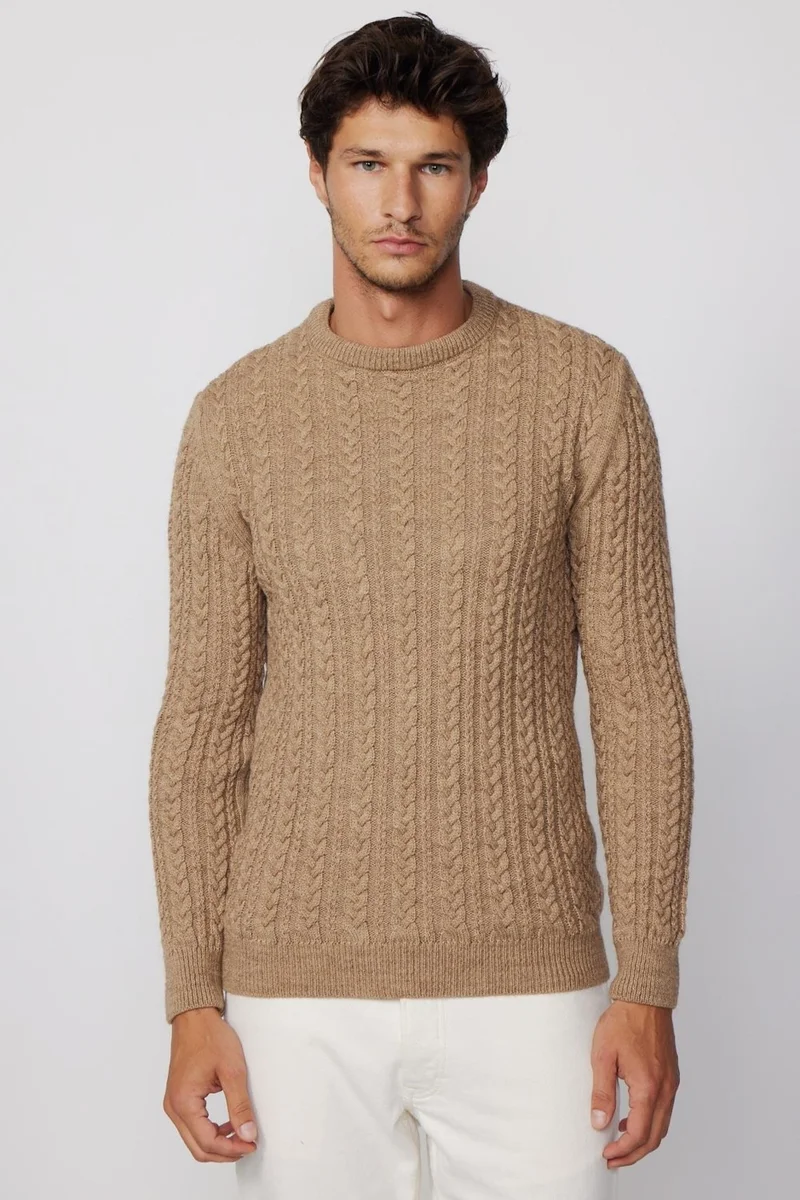 Tudors Crew Neck Hair Knit Patterned Mink Men's Sweater