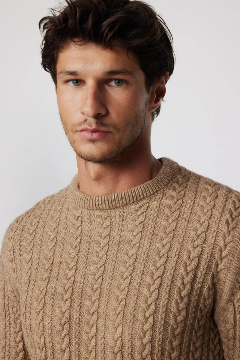 Tudors Crew Neck Hair Knit Patterned Mink Men's Sweater