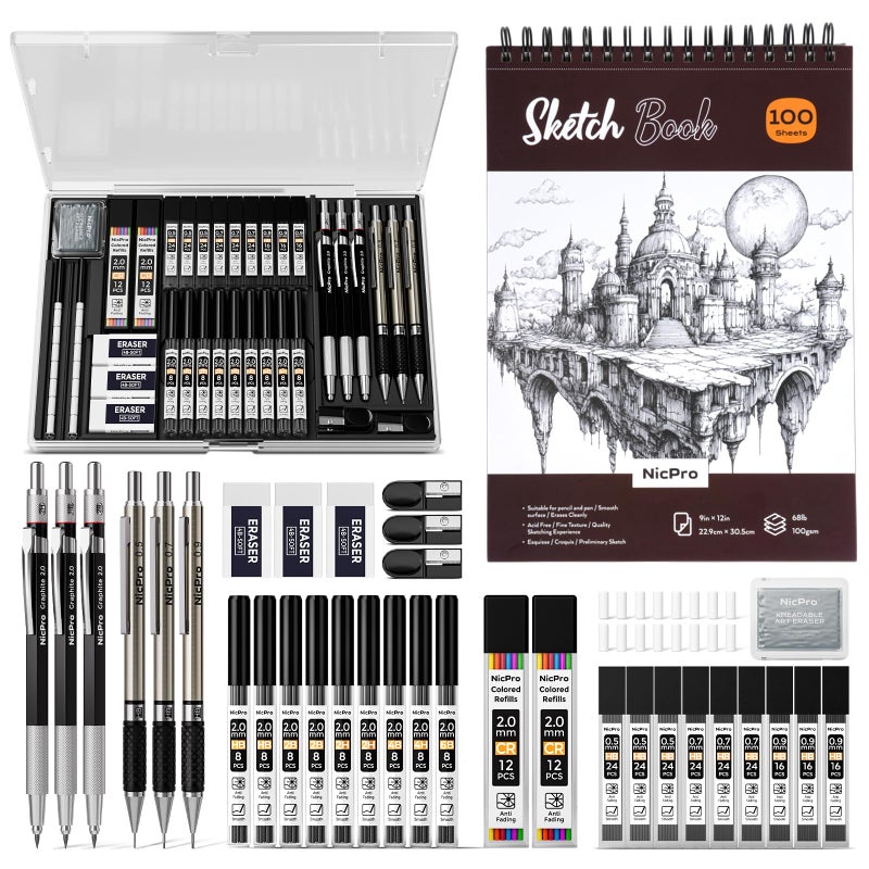 Nicpro 37PCS Art Drawing Supplies Kit, Metal Mechanical Pencil Set 0.5, 0.7, 0.9 & 2mm, 100 Sheets 9x12 Sketch book, 288PCS Leads, School Supplies Drawing Kit for Artist Adults Teens Kids Sketching - Image 1