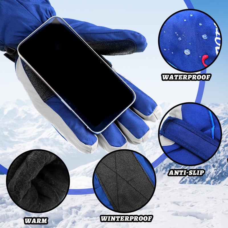 Jeere 2 Pairs Winter Ski Gloves Men Women Waterproof Snow Gloves Adjustable Snowboard Mittens with Zipper Strap Hook Pocket(Black, Blue,L) - Image 5