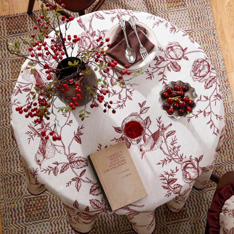 ISAENNE Designer Vintage Linen Round Tablecloth,Red Floral Pattern Linen Stain Resistant Table Cloth,Decor Tablecloths for Dining Thanksgiving Kitchen Christmas,Diameter 67"-Harmony - Image 3