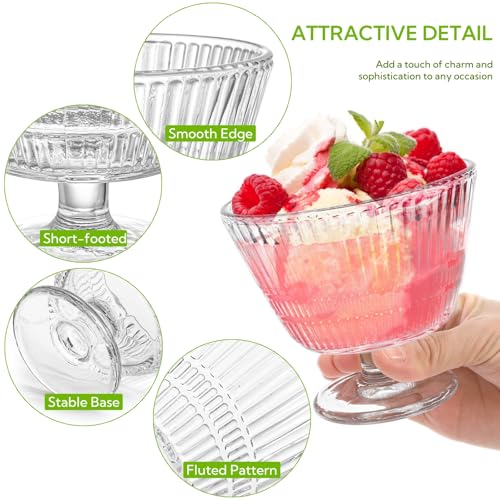 Nagpew 6 Pack Glass Dessert Bowls Set, 10 Oz Vintage Ice Cream Cups with Pedestal, Fluted Sundae Dishes Pudding Footed Bowl for Ice Cream, Dessert, Parfait, Candy, Fruit - Image 3